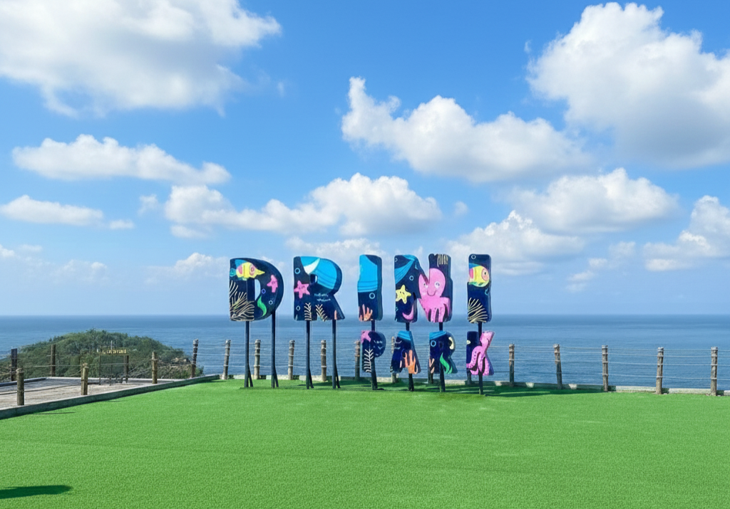 Drini Park dengan background laut, suasana di pagi hari yang cerah